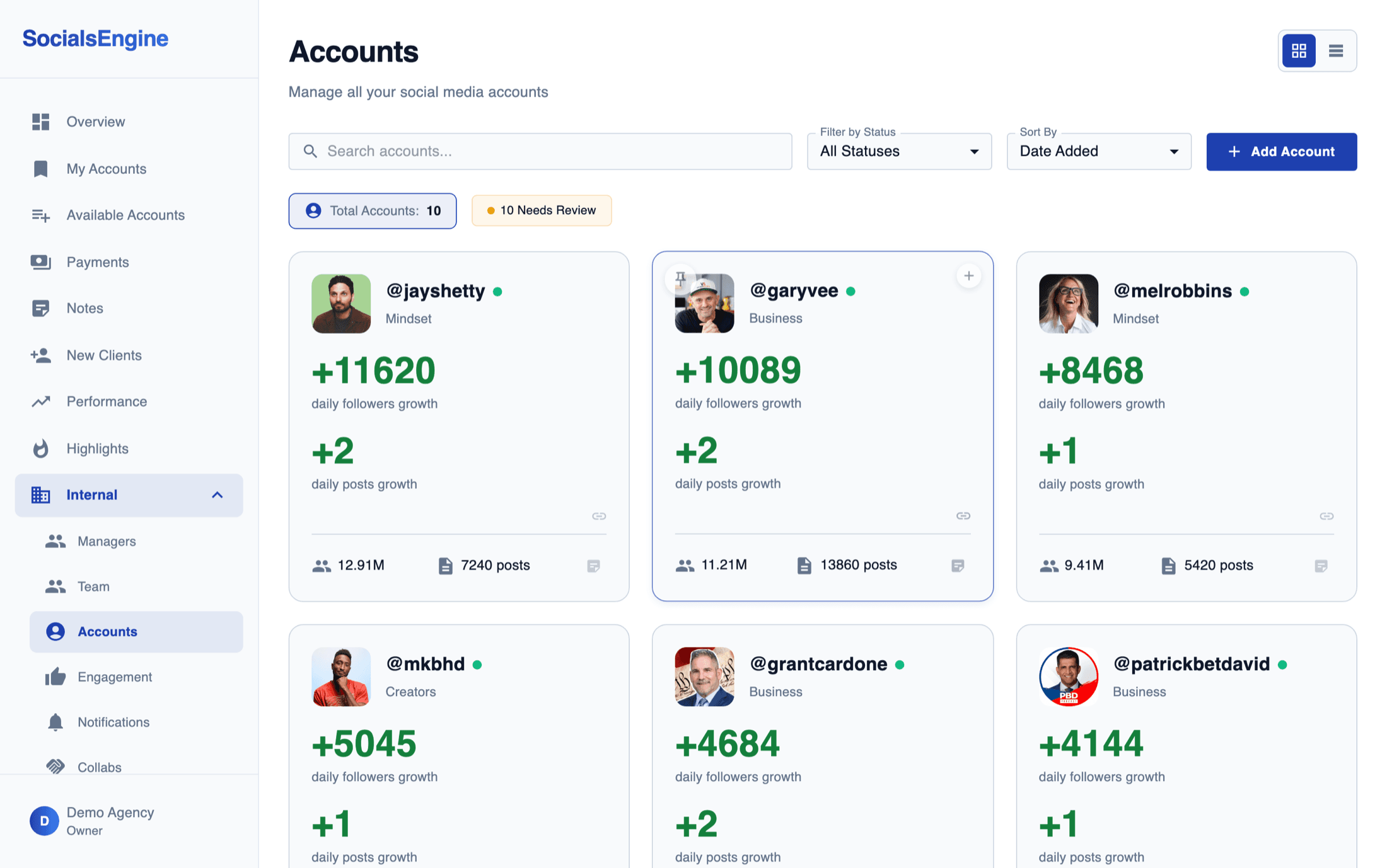 SocialsEngine Accounts dashboard
